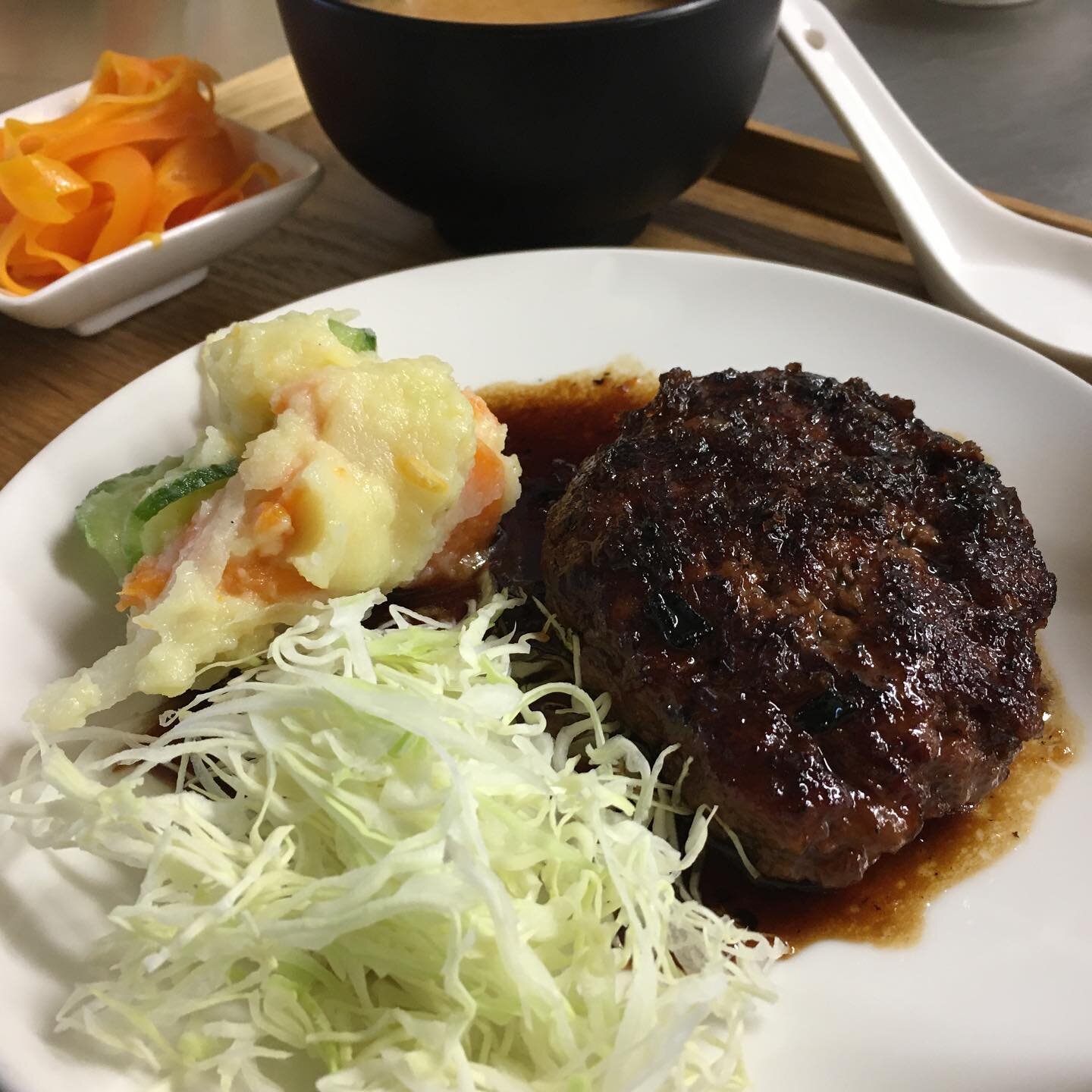 A new week means...a new set menu 🎉 
Set A: Burger Steak with Onion Teriyaki Sauce (pictured 📷)
Set B: Tofu &amp; Vegetable Stir-fry with Garlic Miso (V)
Set C: Sweet Chilli Gurnard
Set meals come with all of these sides (V):
Potato Salad
Tom